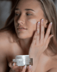 Model with Sapelo Soft Nourishing Cream – rich, fragrance-free moisturizer with botanical extracts to hydrate, soothe, and protect dry or sensitive