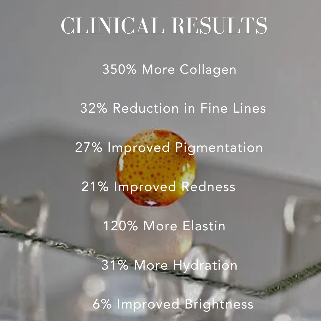 Clinical results of a skincare product with text on a blurred background