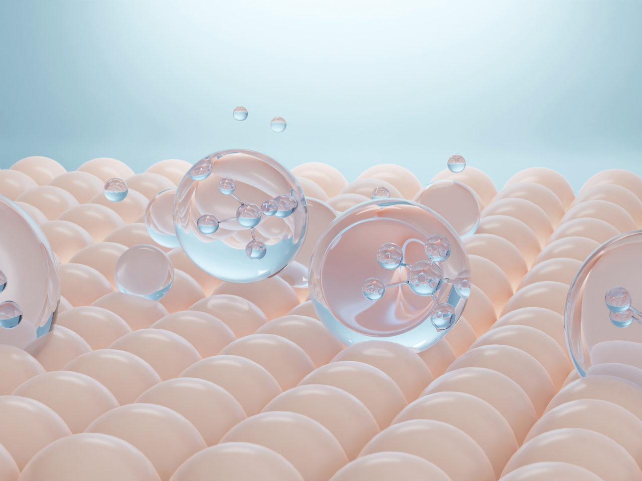 Illustration of skin cells with water droplets on a light blue background