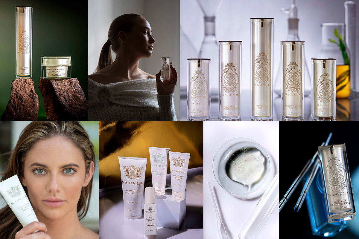 Collage of skincare products and a woman using them.