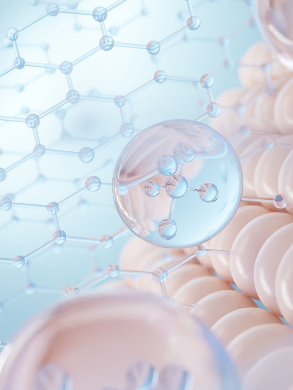 Close-up of a skincare product with molecular structure background