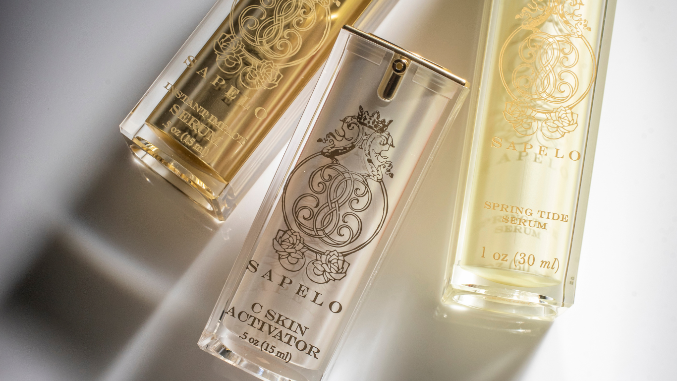 Three Sapoelo skincare products on a light background